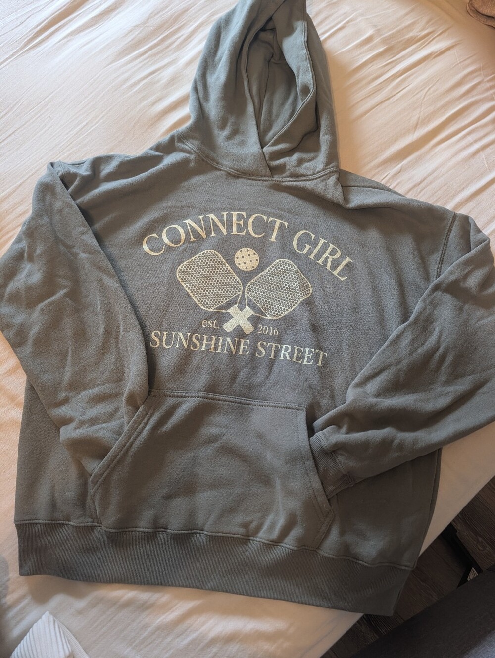 Hollister Connect Girl Sunshine Street Hoodie - Sage Green with Cream Graphic